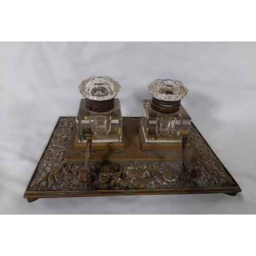 62 - An Antique Brass and Crystal Double Ink Well with Pen Rest. No Chips to Inkwells. 21.5cm L x 15cm D ... 