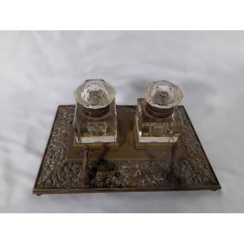 62 - An Antique Brass and Crystal Double Ink Well with Pen Rest. No Chips to Inkwells. 21.5cm L x 15cm D ... 