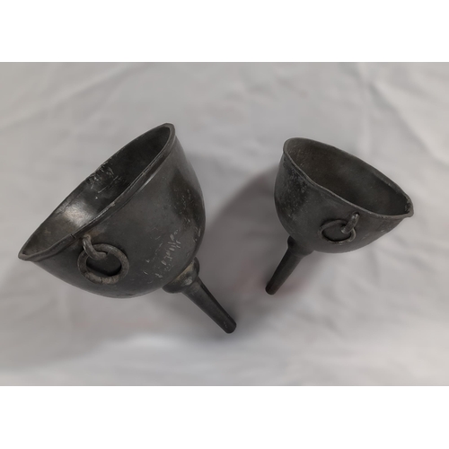 65 - A Set of two Antique Pewter Wine Funnels. Large measures 20cm H x 15 D, Small 14 H x 11D.