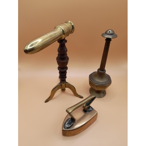 21 - A Collection of 3 Antique Brass Objects, A Goffering Iron, A Rose Water Sprinkler and a Miniature So... 