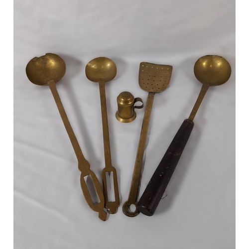 50 - A Selection of Brass Ladles and a Brass Spatula with a Brass Muffineer.