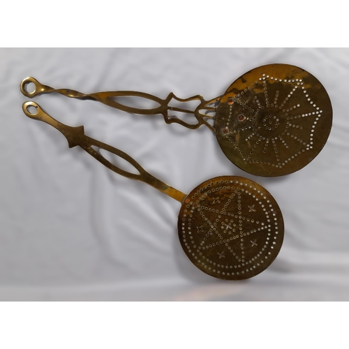 305 - 2 Antique Brass Skimmers, 20 and 21cm diameter, 57 and 56cm in length