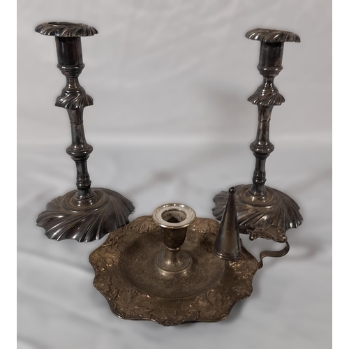 308 - Antique Electro Plated Matching Pair of Candle Stick Holders
With Candle Holder Plate and snuffer.