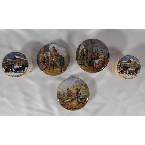 320 - A Group of Mid Nineteenth Century (1850-1870) Prattware Pots and Lids. 1 Large Pot, 10cm Diameter, a... 