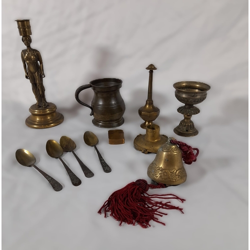 323 - A Selection of Antique Brass Objects including A Bell, 3 Candlestick Holders, A Rose Water Sprinkler... 