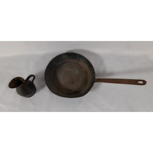 332 - An Antique Copper Pan and Jug. Pan 20cm Diameter, Jug approx 11cm H with Stamps applied.