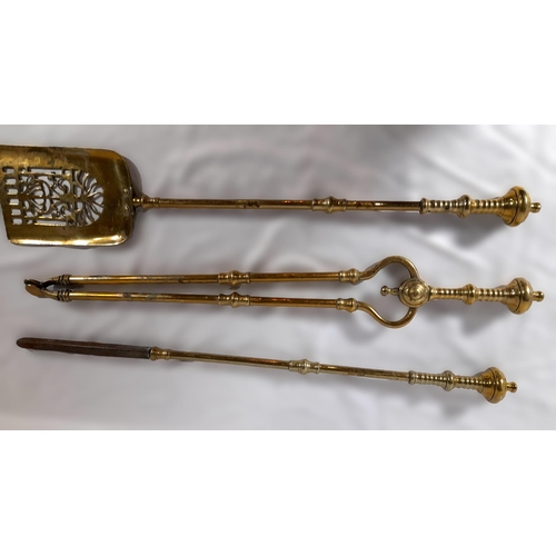 335 - A Set of Three Brass Victorian Fire Irons comprising of a Brass Shovel with decoration, Tongs and a ... 