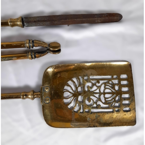 335 - A Set of Three Brass Victorian Fire Irons comprising of a Brass Shovel with decoration, Tongs and a ... 