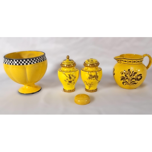 336 - Two Small, Yellow Royal Crown Derby Lidded Pots with a Jug and Vase.