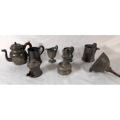 338 - A Selection of Pewter Items including 4 Jugs, a Wine Funnel, a Teapot and more.