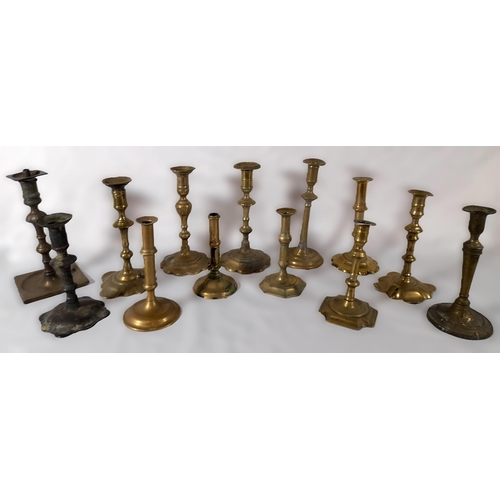 343 - 13 Mixed Antique Brass Candlestick Holders.