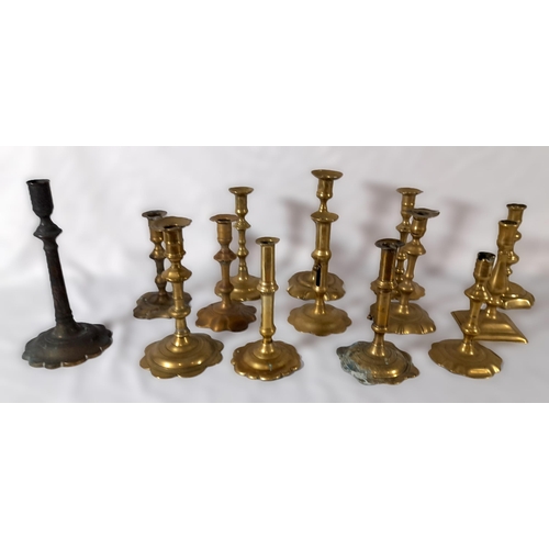 344 - A Selection of 14 Antique Brass Candlestick Holders with a Painted Wooden Chest, approx 48cm L x 32c... 