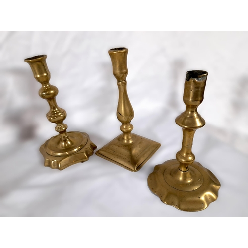 344 - A Selection of 14 Antique Brass Candlestick Holders with a Painted Wooden Chest, approx 48cm L x 32c... 