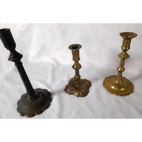 344 - A Selection of 14 Antique Brass Candlestick Holders with a Painted Wooden Chest, approx 48cm L x 32c... 