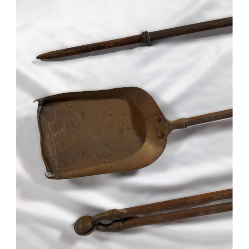 346 - An Antique Brass Fire Iron Set with Brass Fire Guard. Set includes Shovel, Tongs and Poker, approx. ... 