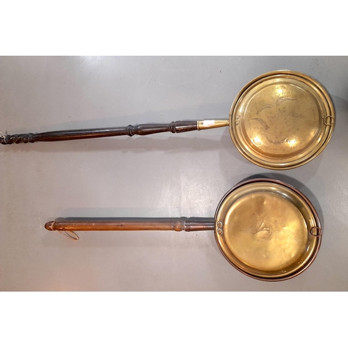 349 - A Pair of Brass Bed Warming Pans, both with Engravings of Birds to the Front.