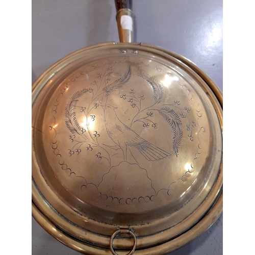 349 - A Pair of Brass Bed Warming Pans, both with Engravings of Birds to the Front.