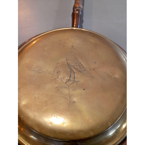 349 - A Pair of Brass Bed Warming Pans, both with Engravings of Birds to the Front.