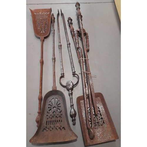 244 - A MIXED GROUP OF EARLY 19TH CENTURY STEEL FIRE IRONS, including a matching group of poker, tongs and... 