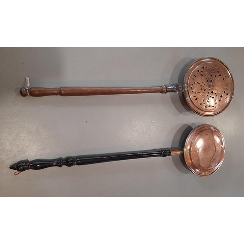 361 - A Pair of Antique Copper Bed Warming Pans with Decoration and Wooden Handles. Approx 105cm L.