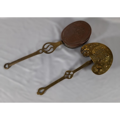 362 - A Pair of Small Antique Bed Warming Pans, one with a Copper Pan, both with Brass Handles. Approx 55c... 