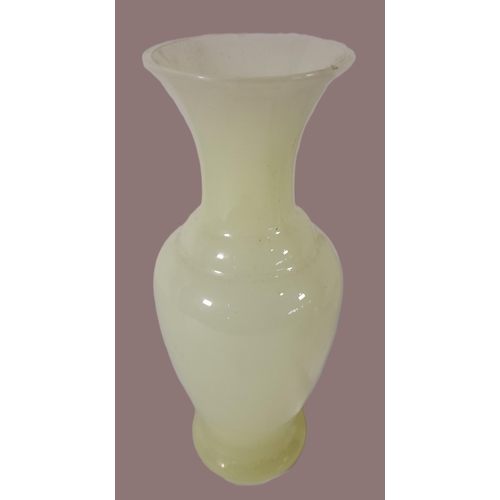 365 - A Trio of Vases. One in Multi Colour Carnival Glass (18 cm H), One in Light Yellow (20cm) and the ot... 