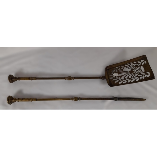 366 - A Set of Three Antique Fire Irons with Decorative Knobs. A Shovel, Set of Tongs and a Poker. 67cm L.