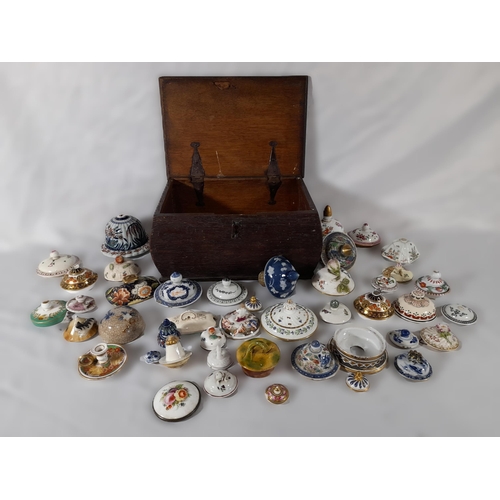 369 - An Antique Mahogany Box, 31cm L x 22cm W x 15cm D, Filled with Antique Lids from Pots and Teapots. S... 