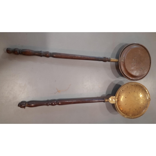 370 - 2 Large Antique Bed Warming Pans, One Heavily Decorated Brass and One Faintly Decorated Copper. Both... 