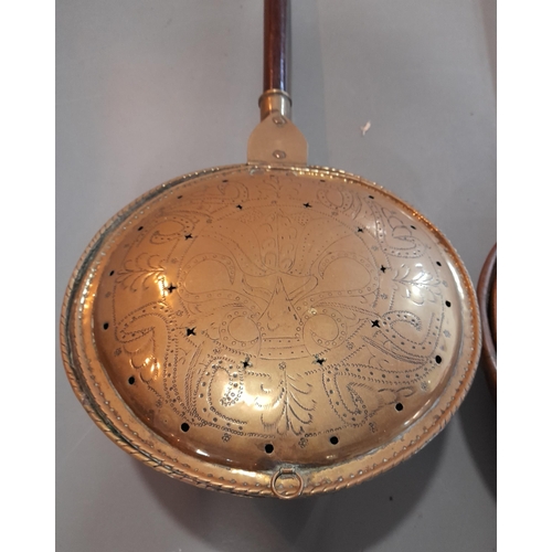 370 - 2 Large Antique Bed Warming Pans, One Heavily Decorated Brass and One Faintly Decorated Copper. Both... 