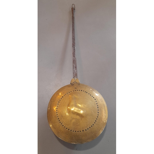 371 - A Large Metal Handled Antique Brass Bed Warming Pan, 95cm Length. Decoration to Pan.