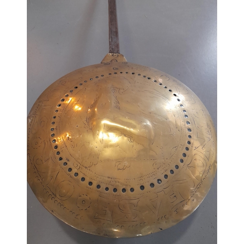 371 - A Large Metal Handled Antique Brass Bed Warming Pan, 95cm Length. Decoration to Pan.