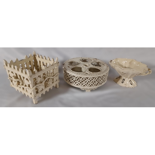 382 - 3 Pieces of Antique Creamware including an 18th C Reticulated Cruet Caddy (approx. 23cm Diameter), a... 