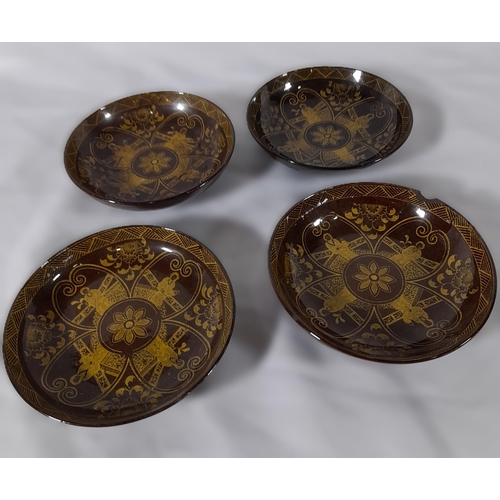 383 - A Set of 4 Rare Yellow Transfer Printed Brown Ware Saucers C 1810-1820.  One with a small chip as pi... 