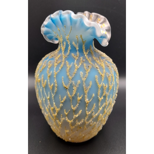 385 - An Antique Coralene Satin Glass Vase with Ruffled Top and Gilt Decoration. 14.5cm H x 10cm W.