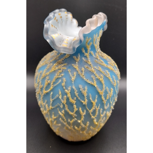 385 - An Antique Coralene Satin Glass Vase with Ruffled Top and Gilt Decoration. 14.5cm H x 10cm W.