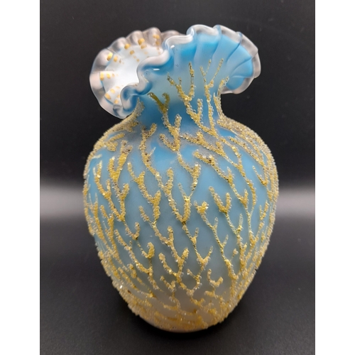 385 - An Antique Coralene Satin Glass Vase with Ruffled Top and Gilt Decoration. 14.5cm H x 10cm W.