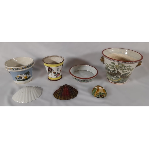 388 - A Selection of Decorative Plant Pots, A Pot saucer and Some Shell Ornaments.