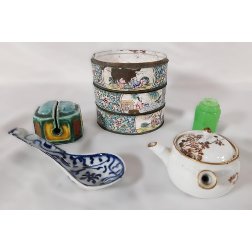 392 - A Mixed Lot of Oriental Objects Including a Ceramic Bell, Spoon, Small Jadeite Bottle, Enamelware an... 