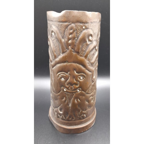 395 - A Copper Plated Beaker Depicting a Mans Face and a Copper and Brass Arts and Crafts Bird. Some Damag... 