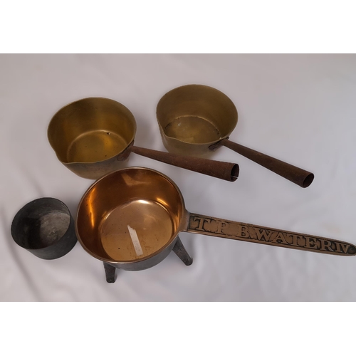 161A - A Selection of Brass Pans including 2 Milk Pans and a Copper Plated Pan with T.P. B. Water IV on the... 