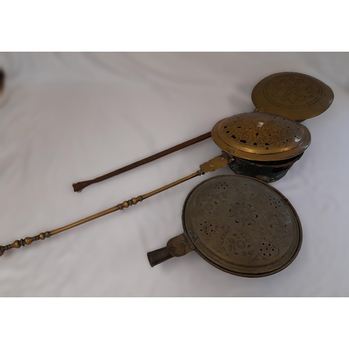 316A - Three Antique Bed Warming Pans, Two with Metal Handles and One without a Handle. All Brass.