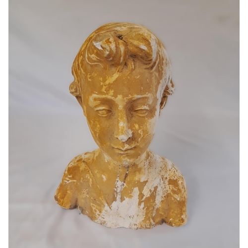 384A - A Plaster Bust of a Boy. Height 38cm, Width 32cm. Some Damage as Pictured.