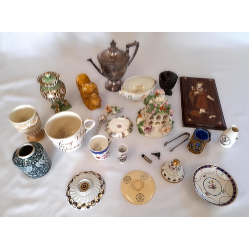 399 - A Large Glory Box of Ornaments and more, including a Silver Plate Ware Tea Pot, Sugar Tongs, Cups