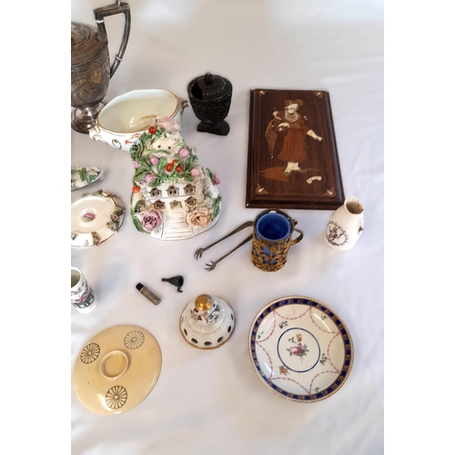 399 - A Large Glory Box of Ornaments and more, including a Silver Plate Ware Tea Pot, Sugar Tongs, Cups