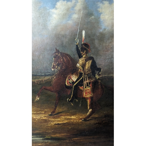 7 - An oil on Canvas of a Napoleonic Hussar by unknown artist. 96 x 75cm