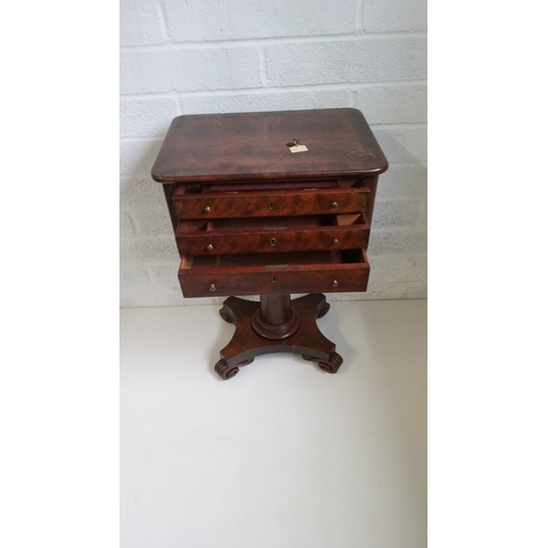 740 - A Flame Mahogany Work Table with key, 3 Drawers Tapered Column and scrolled feet.
72cm high, 48cm wi... 