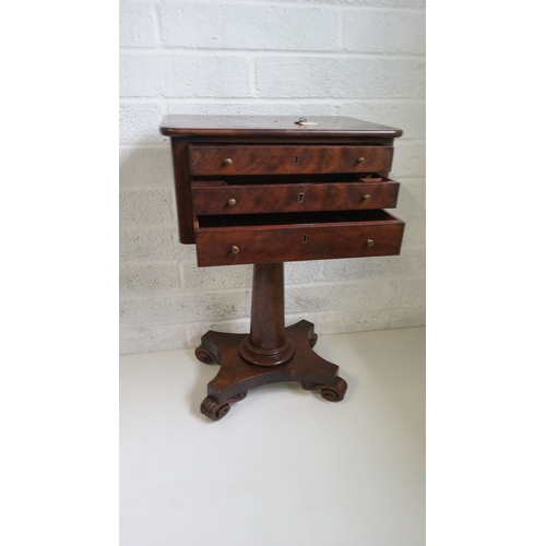 740 - A Flame Mahogany Work Table with key, 3 Drawers Tapered Column and scrolled feet.
72cm high, 48cm wi... 