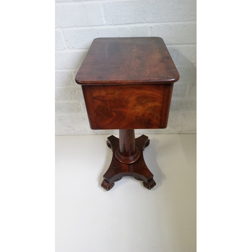 740 - A Flame Mahogany Work Table with key, 3 Drawers Tapered Column and scrolled feet.
72cm high, 48cm wi... 