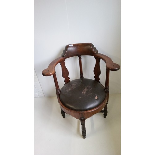 750 - Antique Captains Chair with brown leather seat